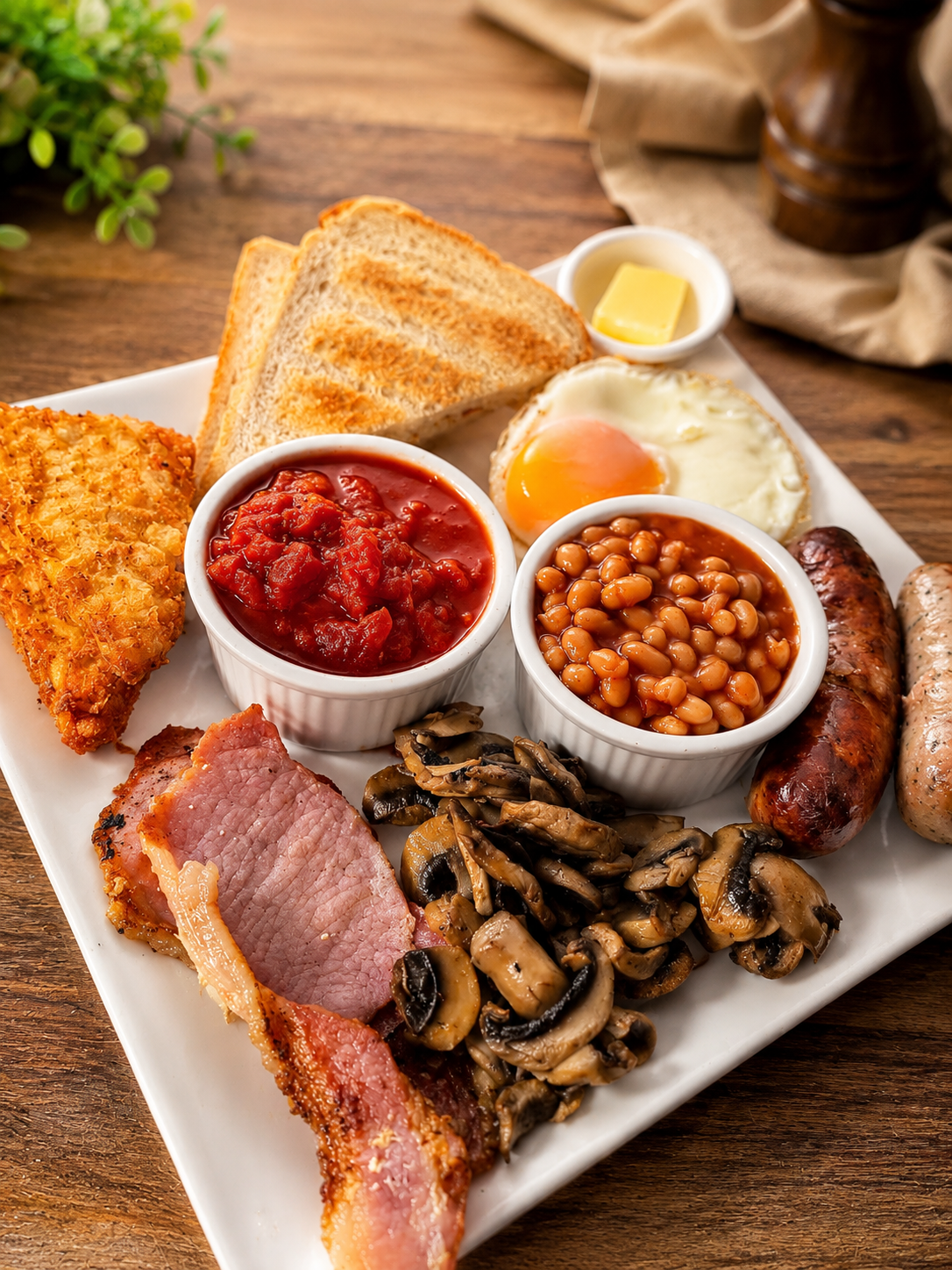 A full breakfast with eggs, toast, mushrooms, beans and sausages