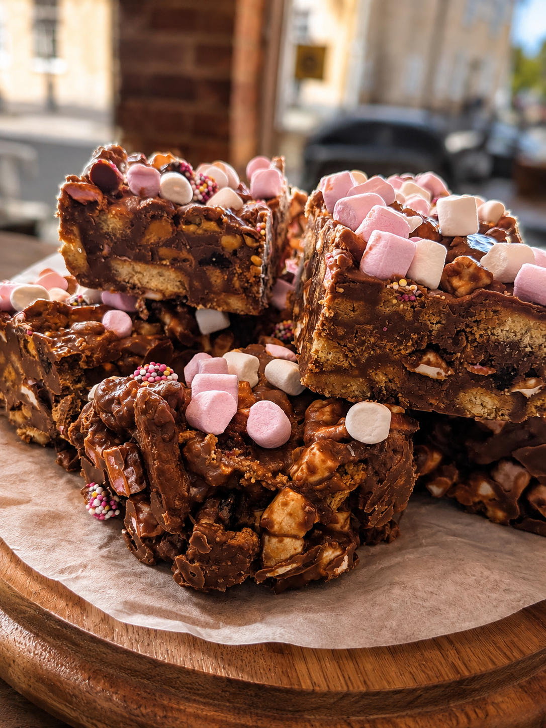 Chocolate rocky road squares topped with marshmallows